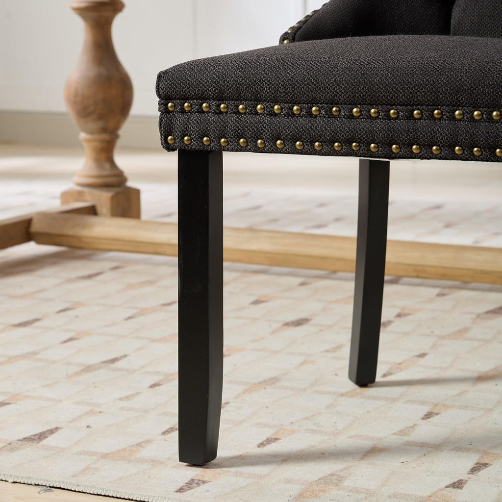 Ball & Cast Contemporary Upholstered Dining Chairs Set of 2, Flax Button Tufted Kitchen Side-Chairs with Hang Ring & Nailhead Trims & Wood Legs, 2-Piece Backrest Traditional Chair, Black+Black
