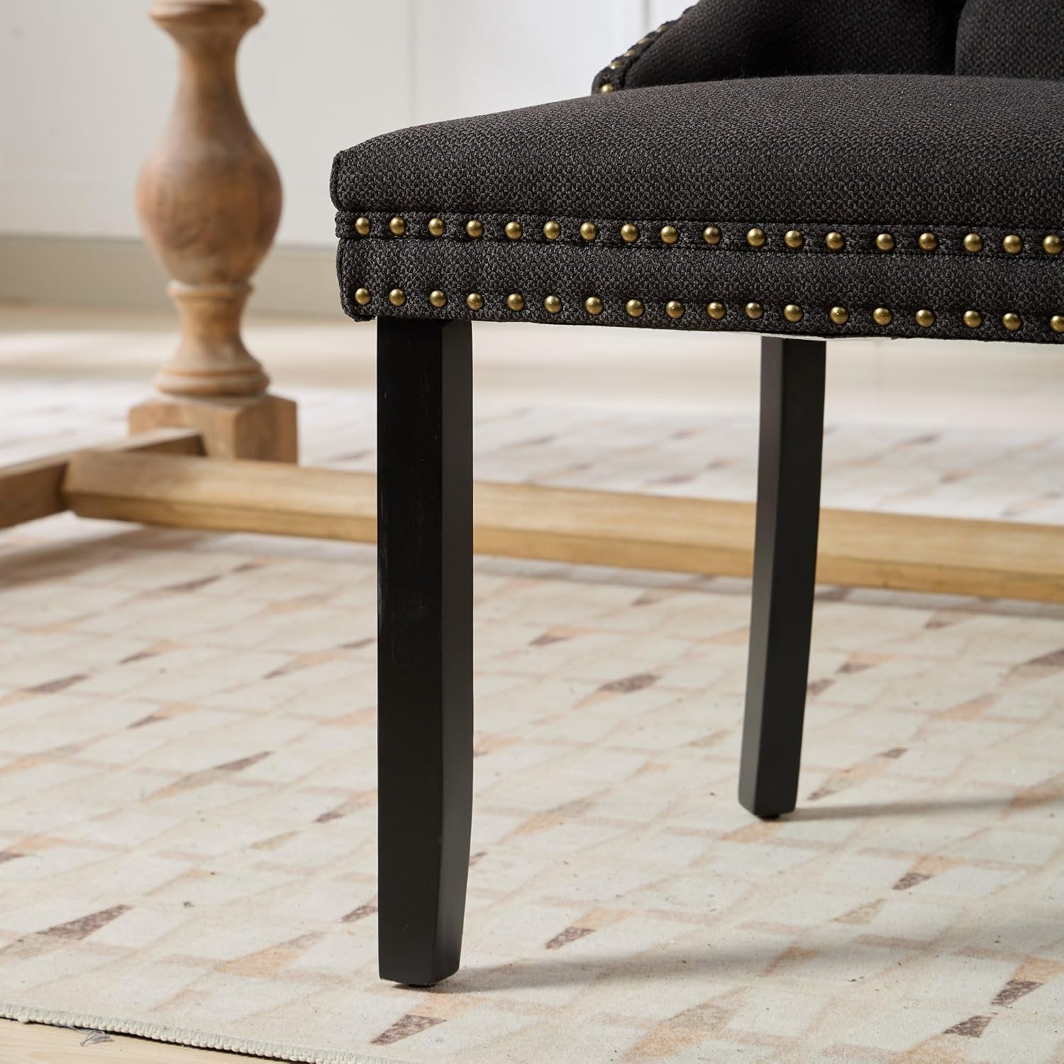 Ball & Cast Contemporary Upholstered Dining Chairs Set of 2, Flax Button Tufted Kitchen Side-Chairs with Hang Ring & Nailhead Trims & Wood Legs, 2-Piece Backrest Traditional Chair, Black+Black