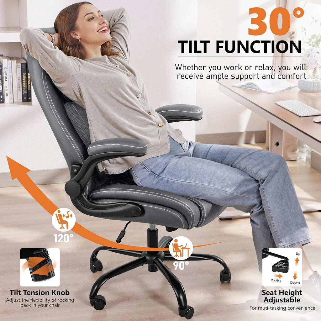 BESTFAIR Office Chair, Ergonomic Computer Desk Chairs with Lumbar Support for Lower Back Pain Relief, Executive Leather Home Chair Comfy with Padded Flip-up Armrests, Gray, 2-Pack