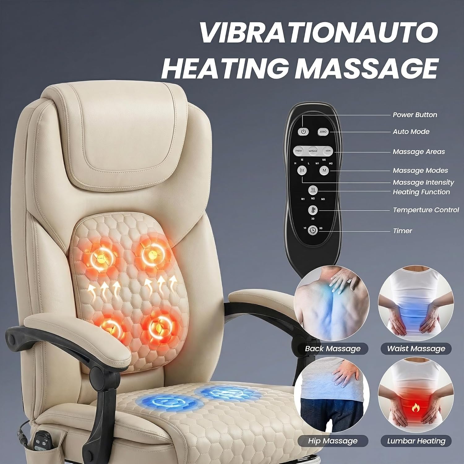 MALOL Massage Office Chair with Heat and Footrest - 3-Level 65°C Targeted Heating, 20-Min Easy Assembly Leather Desk Chair, Big and Tall Executive Computer Chair with Side Pocket, 300 lbs, Beige