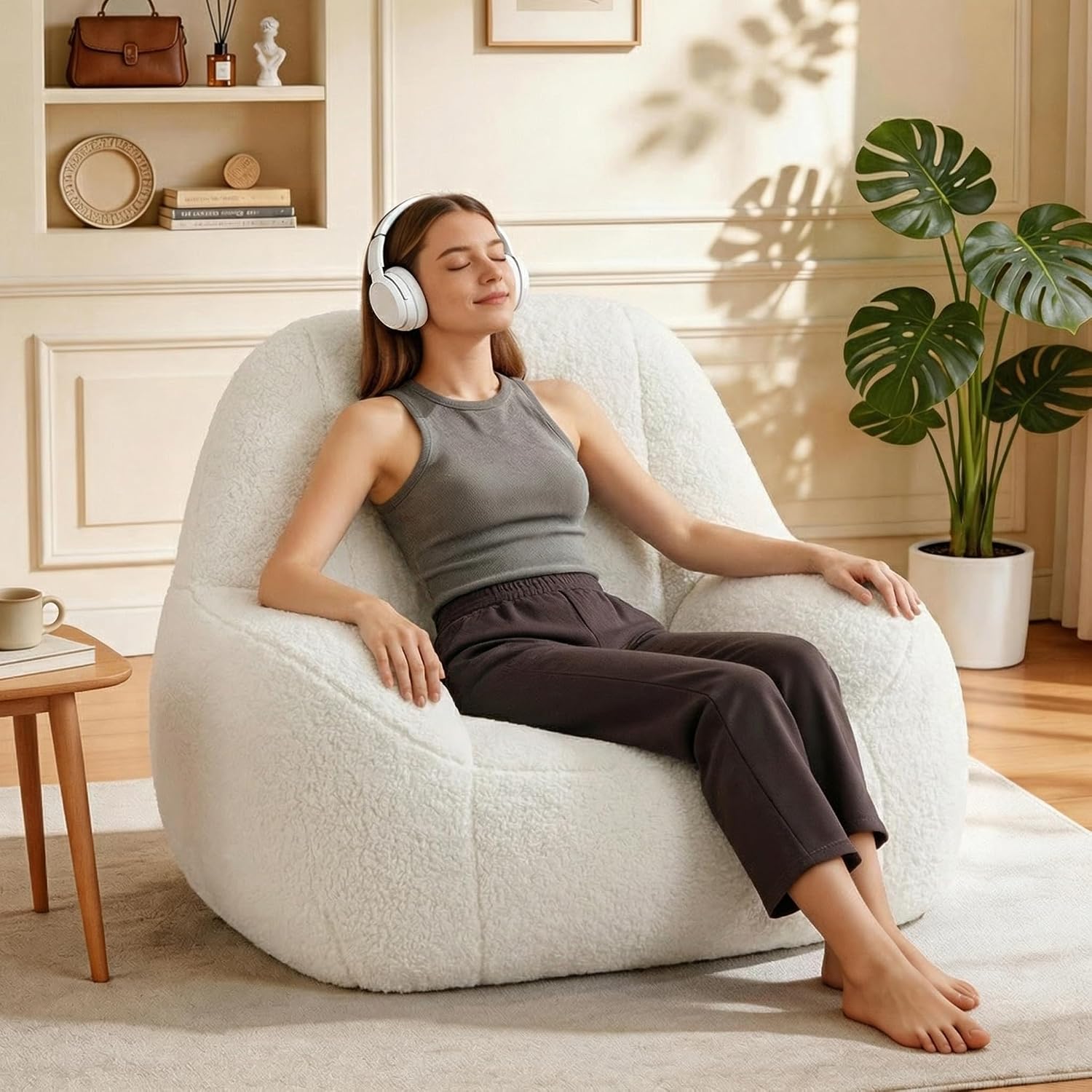 Homguava Bean Bag Chairs for Adults,Giant Beanbag Couch Adult Bean Bag Chair with Filler Included,Modern Lazy Sofa Comfy Chair for Living Room(White)