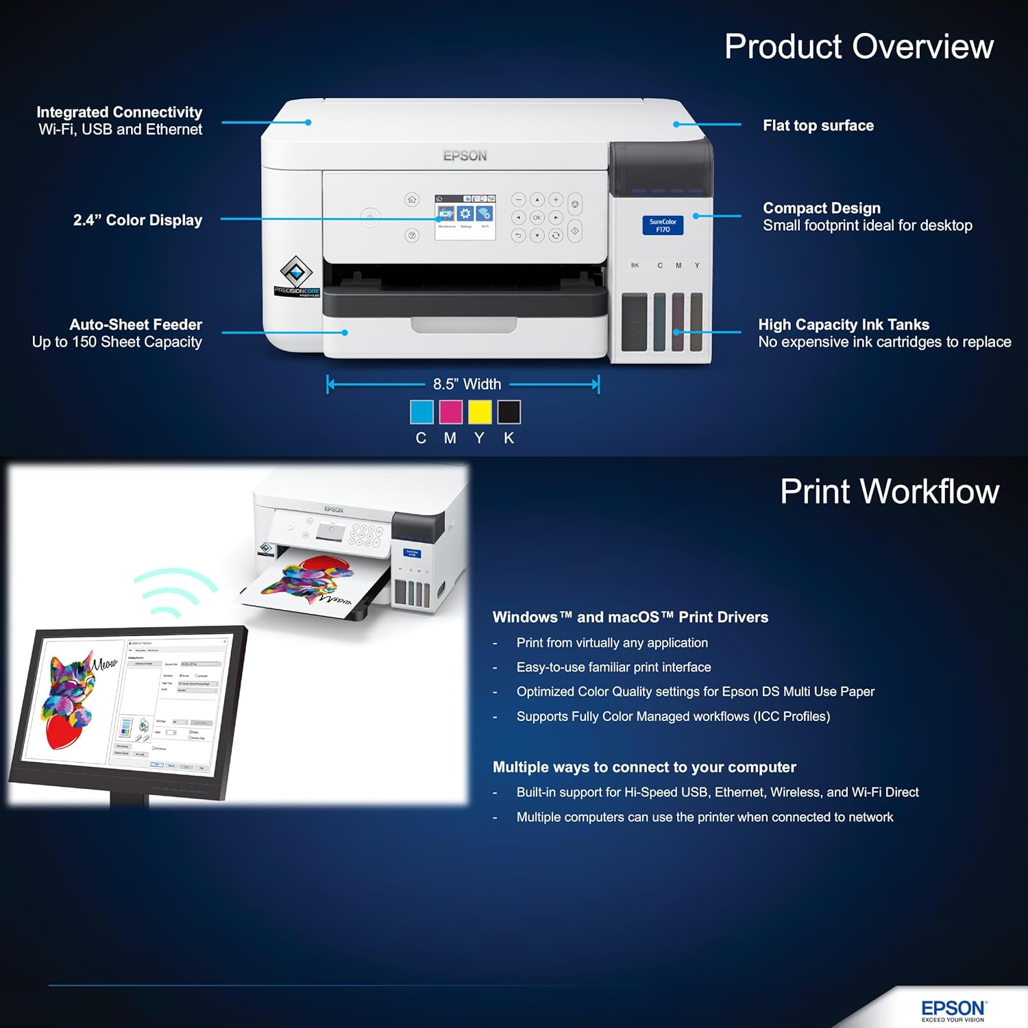 Epson SureColor F170 Dye-Sublimation Printer – Compact 8.5' x 11' Format – Includes Genuine Epson Ink, User Guide & Power Cable – Original OEM Product with Full Manufacturer Support