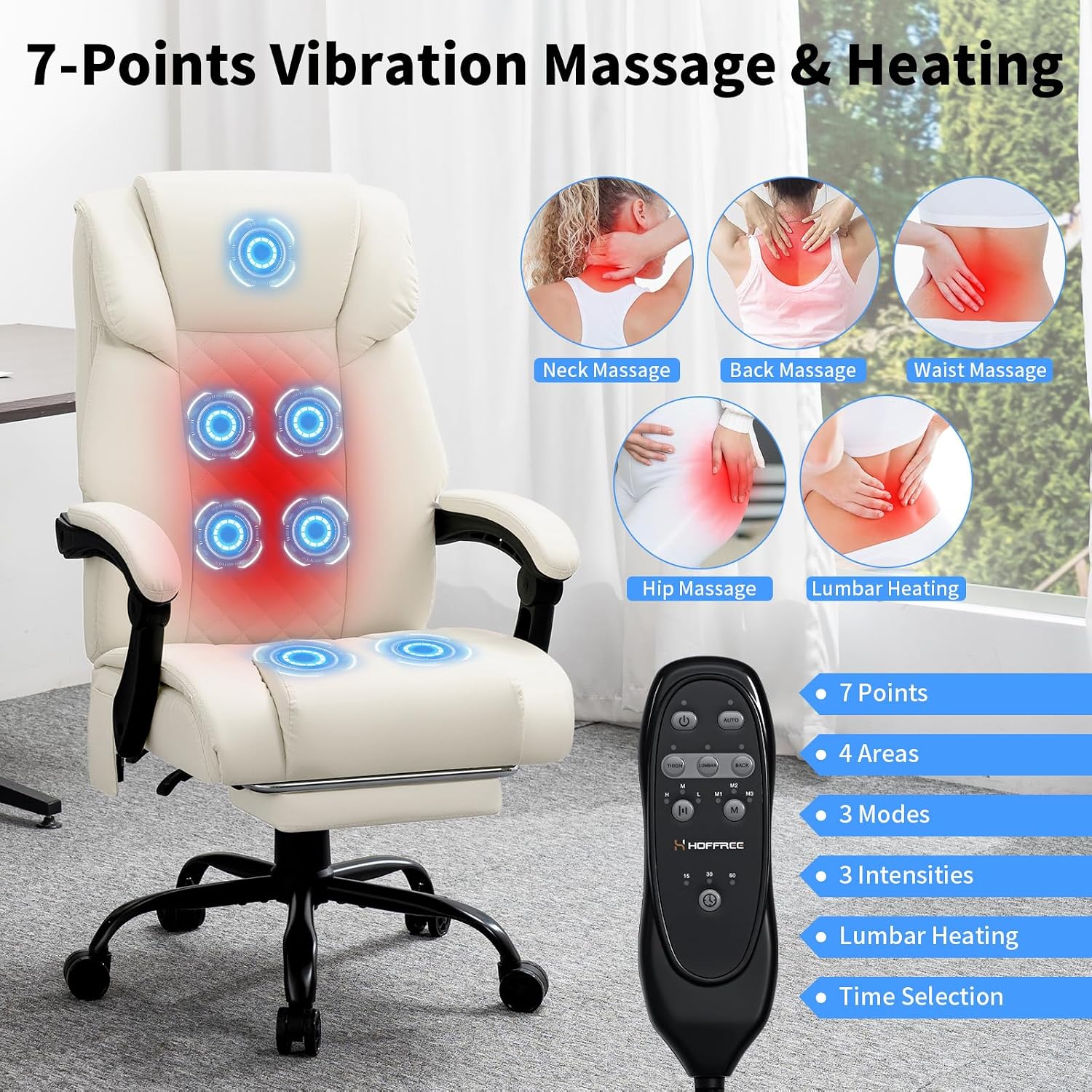 HOFFREE Heated Office Chair Massage Office Chair with Heat 400lbs Executive Reclining Home Desk Chair with Footrest,Linkage Armrests for Heavy People(Beige)