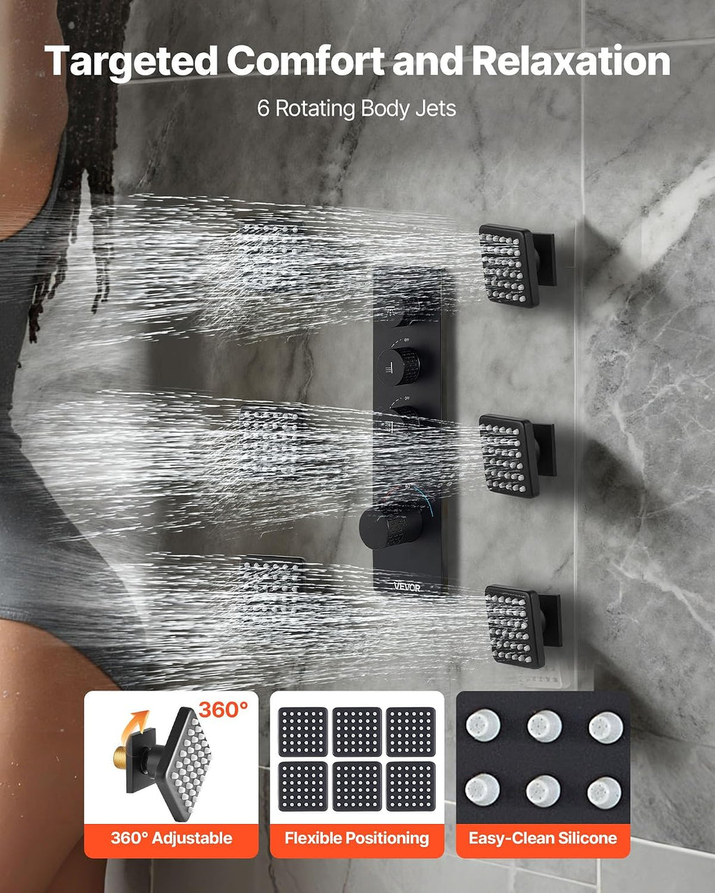 VEVOR Shower Faucet Set, 16 Inch Thermostatic Ceiling Mount Rainfall Shower System with 6 Body Jets and Handheld Spray, Rotatable 3-Function Rain Head Complete Brass Valve and Trim Kit, Matte Black