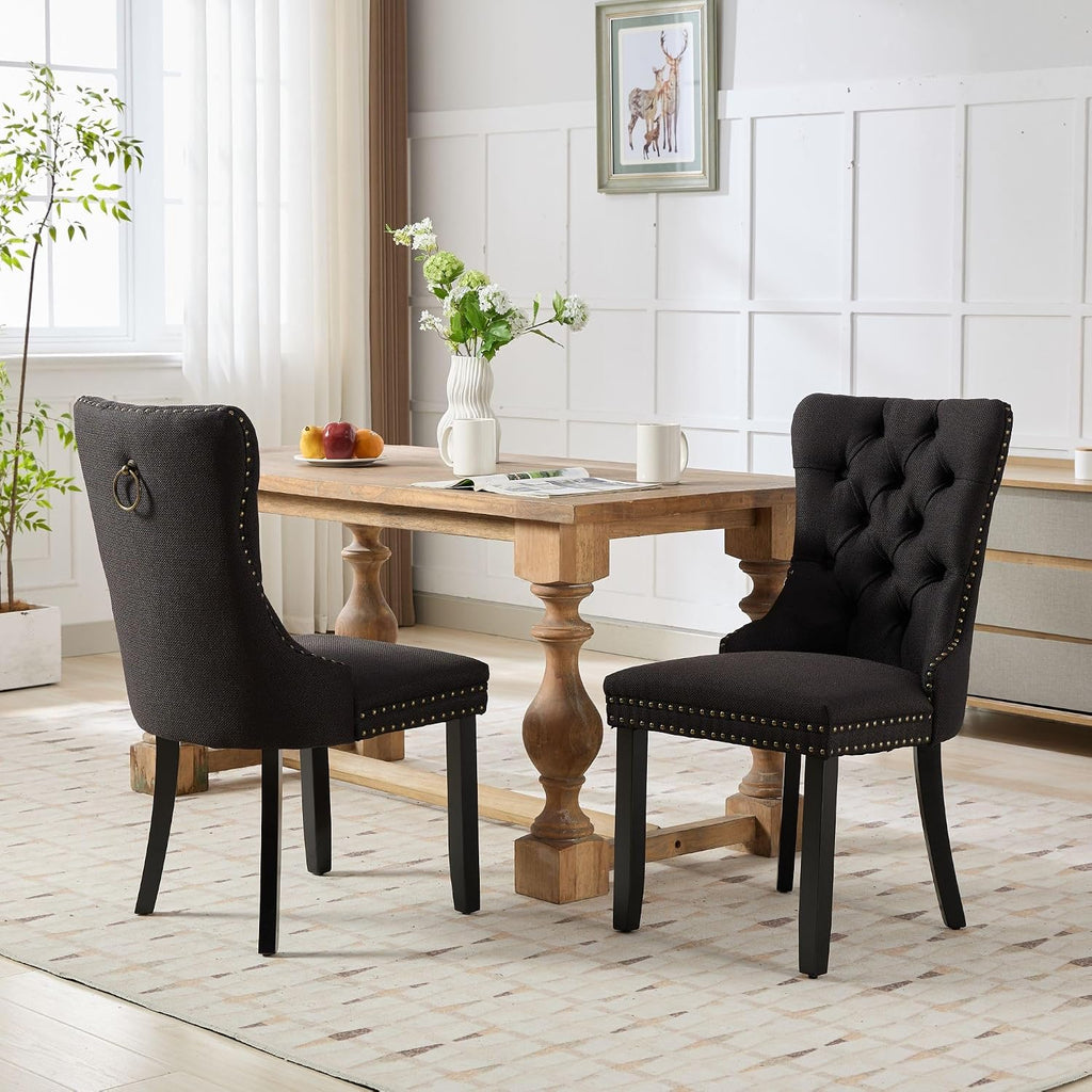 Ball & Cast Contemporary Upholstered Dining Chairs Set of 2, Flax Button Tufted Kitchen Side-Chairs with Hang Ring & Nailhead Trims & Wood Legs, 2-Piece Backrest Traditional Chair, Black+Black