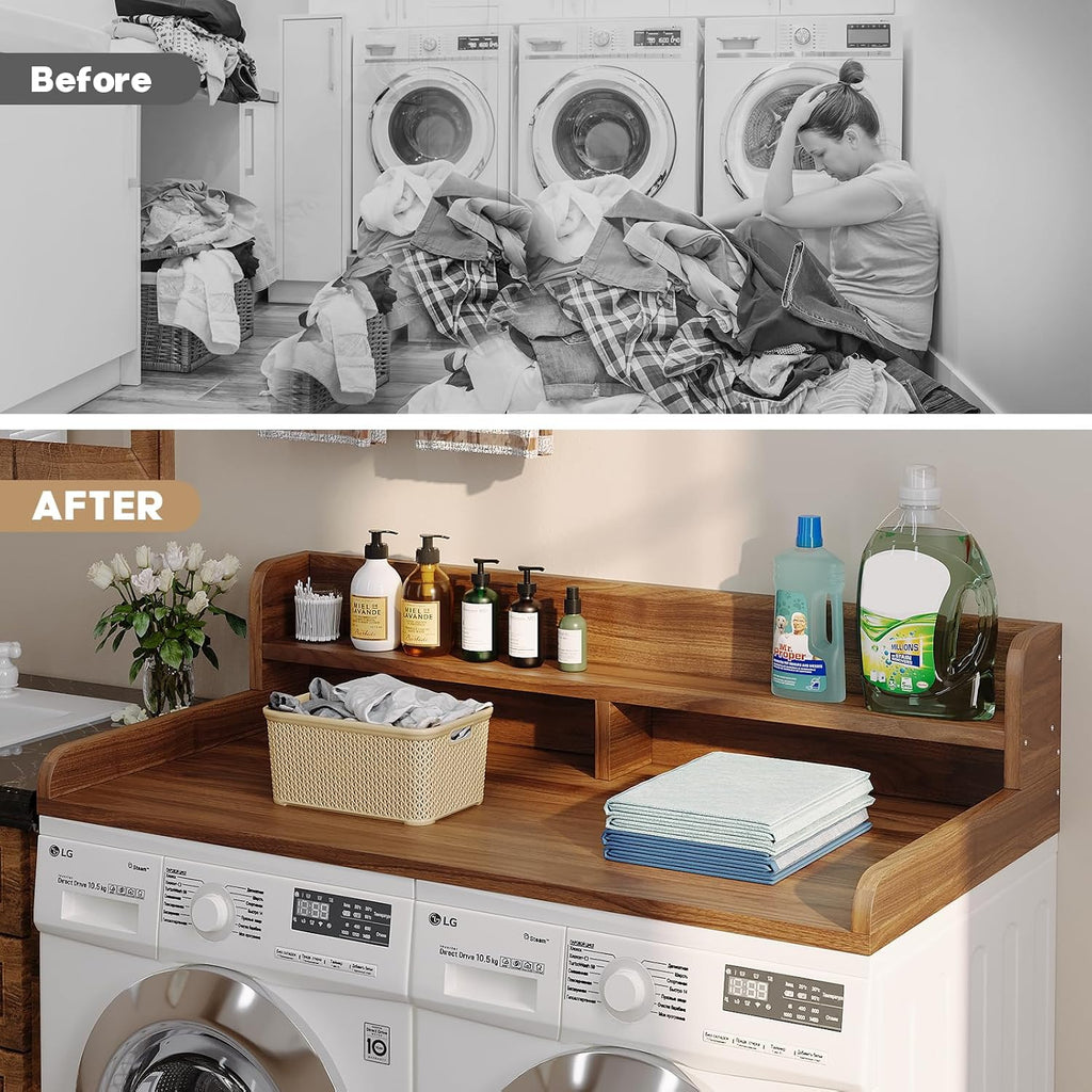 2-Tier Washer Dryer Countertop with 2.75' H Edge Rails, 54' W x 27.55' D Laundry Countertop for Folding Clothes, Washer and Dryer Topper with Non-Slip Pad (Dark Walnut)