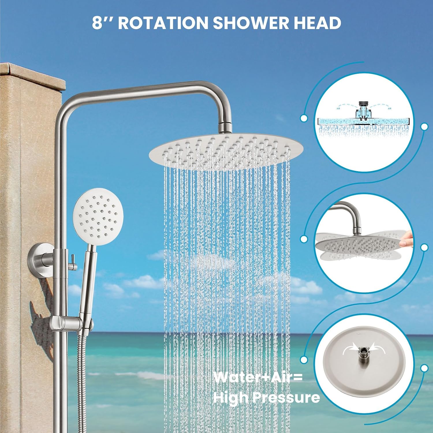 gotonovo SUS304 Outdoor Shower Fixture High Pressure Shower System Combo Wall Mount 2 Dual Function Shower Faucet Set Round Handheld Spray Brushed Nickel Single Handle