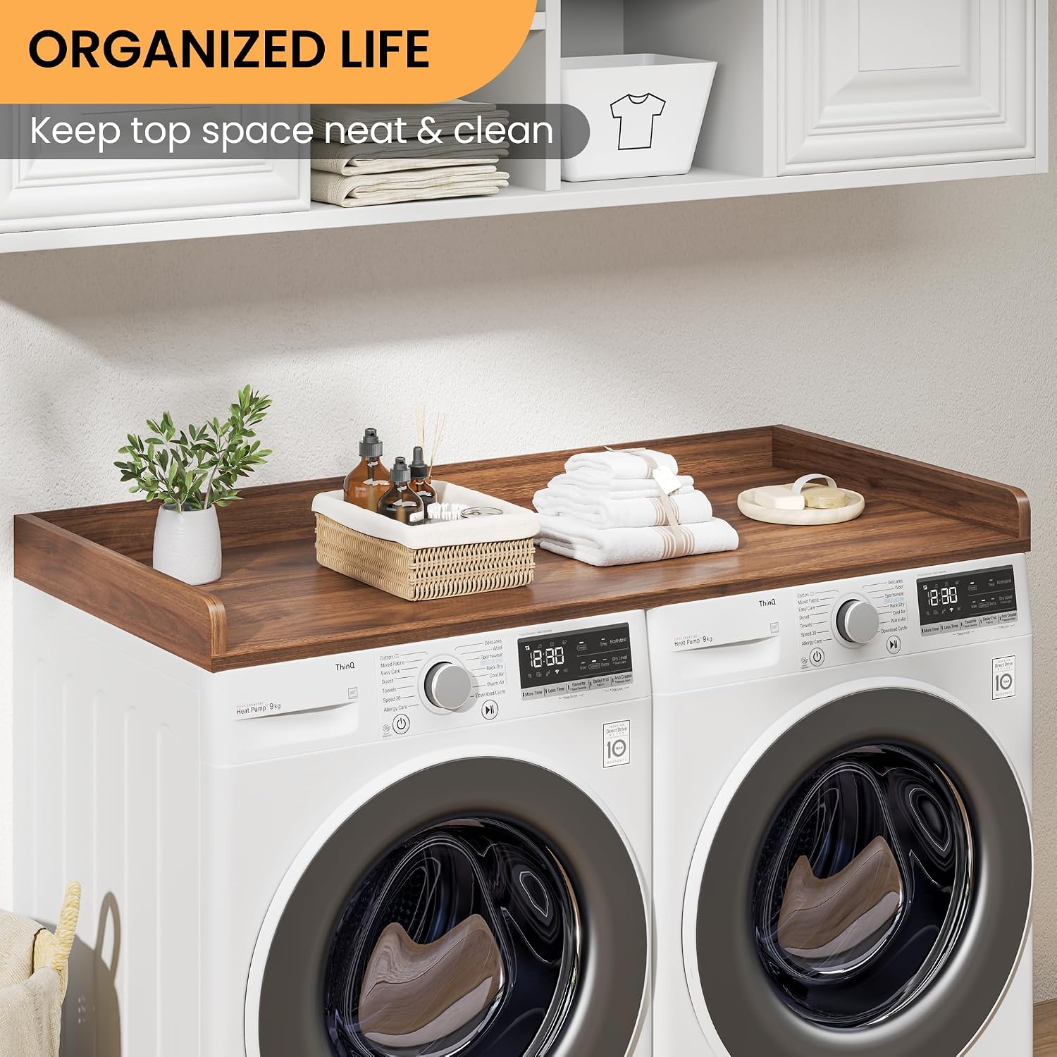 Washer Dryer Countertop, 27.5'x54' Wood Washer and Dryer Countertop with 2.95' Edge Rails, Laundry Machine Topper with Rounded Corner for Laundry Room Organization and Storage, Walnut