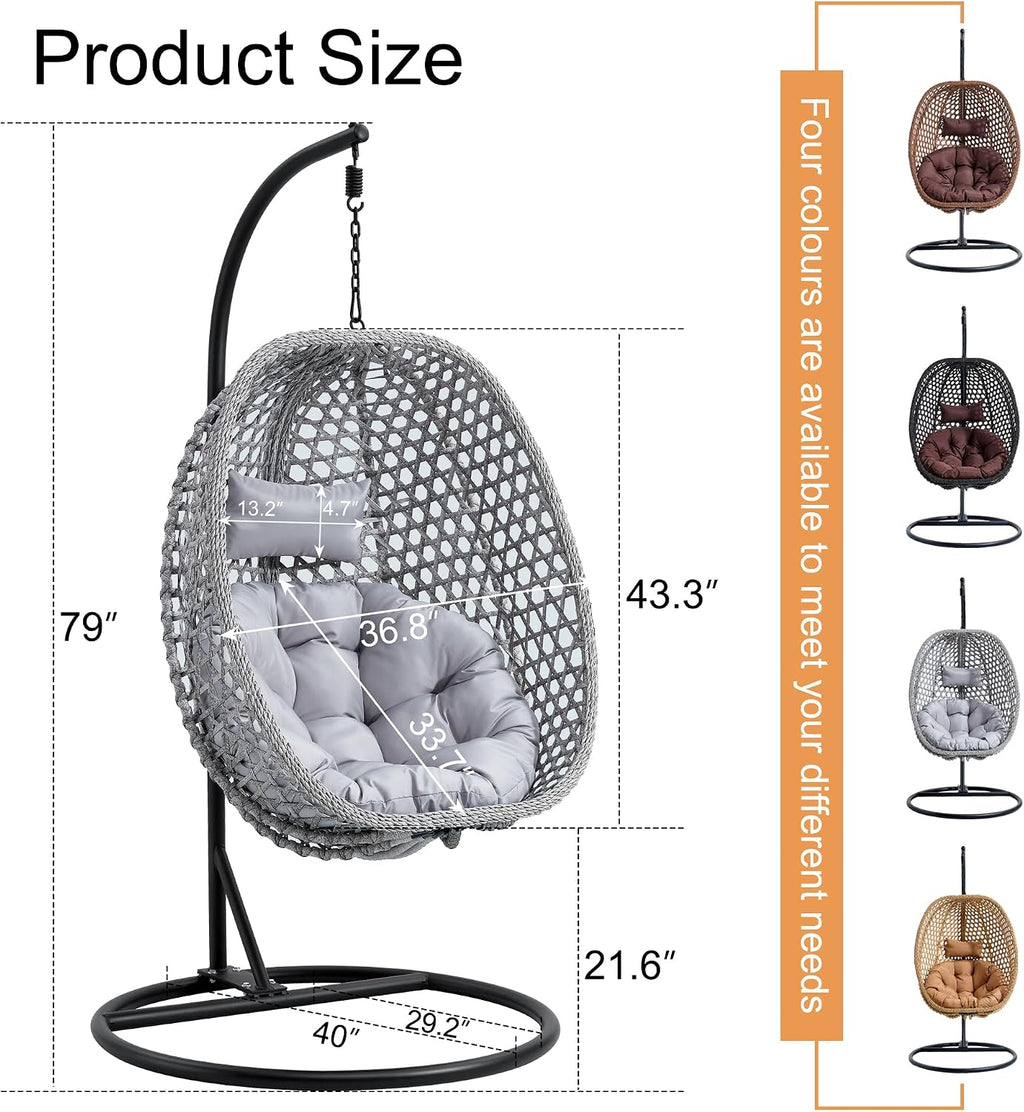 Swining Egg Chair with Stand,Wicker Rattan Hanging Egg Chairs, Patio Swing with UV Resistant Cushion, Outdoor Indoor Hanging with Foldable Basket Metal Stand for Bedroom (Grey-S)