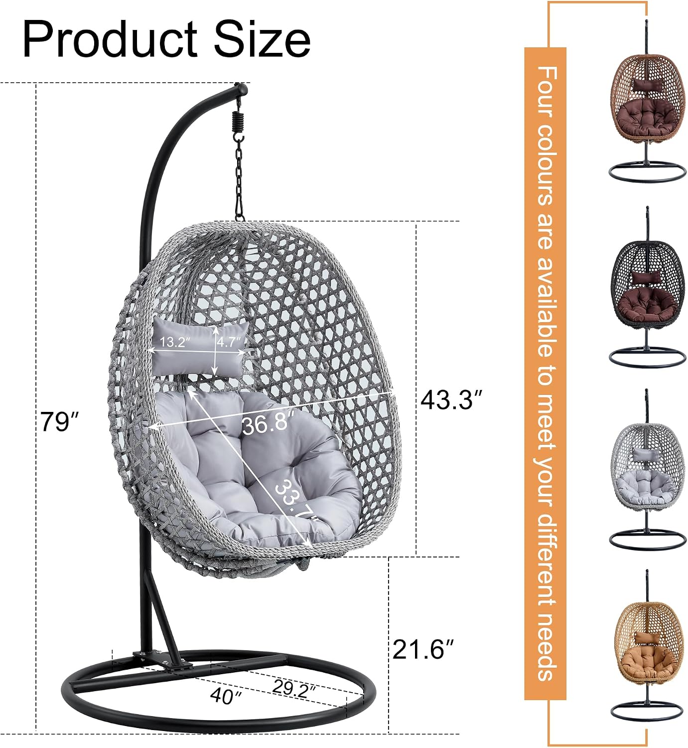 Swining Egg Chair with Stand,Wicker Rattan Hanging Egg Chairs, Patio Swing with UV Resistant Cushion, Outdoor Indoor Hanging with Foldable Basket Metal Stand for Bedroom (Grey-S)