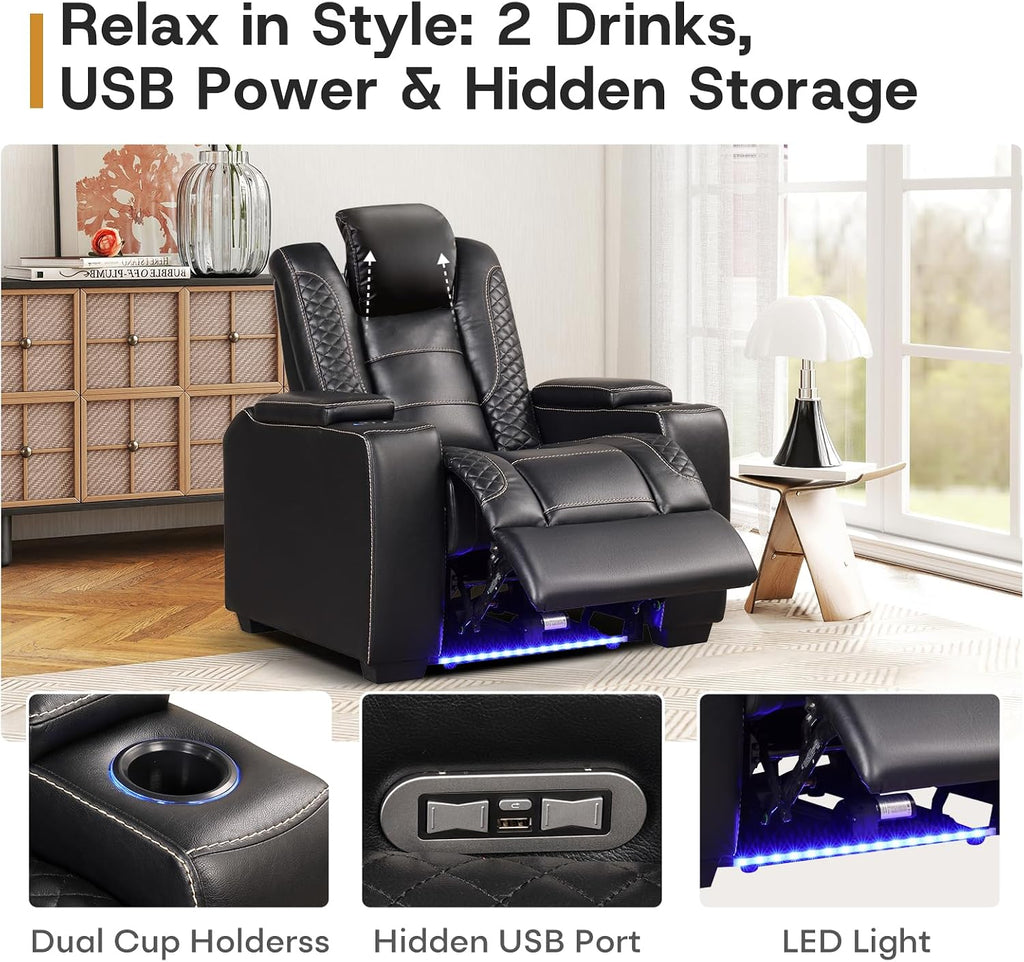 ANJ Power Recliner Chair Set of 4, Electric Recliner with Adjustable Headrest, Dual Motor Home Theater Seating with USB Port, Cup Holders, LED Lights, Hidden Arm Storage – PU Leather,Black