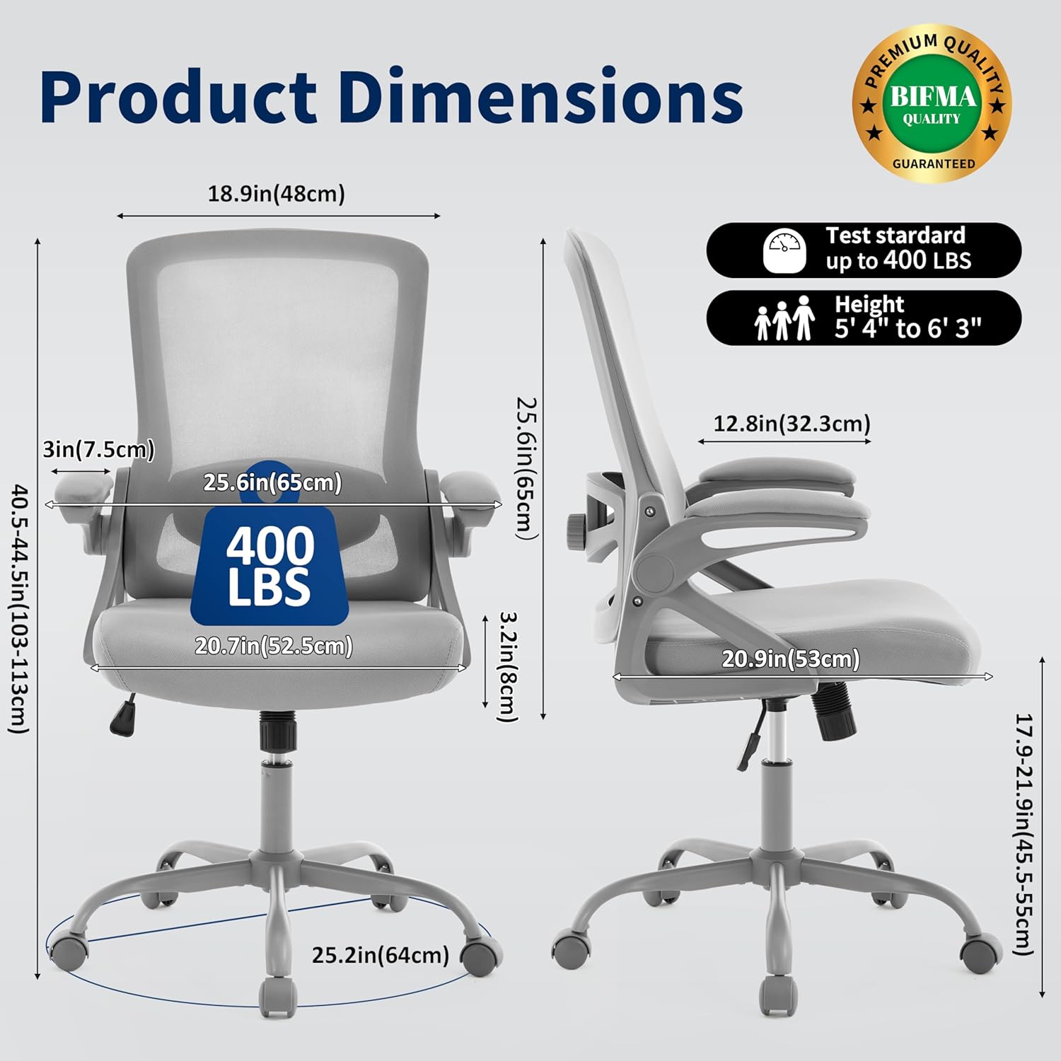 Ergonomic Office Chair, Desk Chair with Adjustable Lumbar Support, Breathable Mesh Comfy Computer Chairs with Flip-up Armrests Executive Task Chair for Adults Home Office (Gray)
