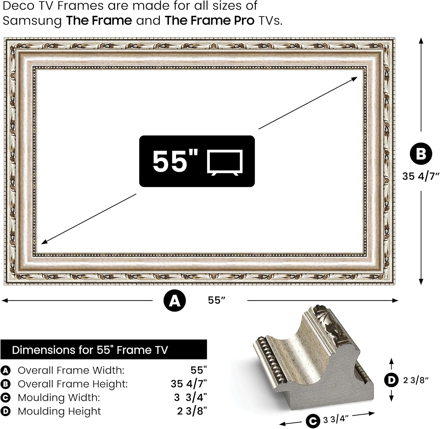 Ornate Silver 55' Premiere Deco TV Frame - Compatible ONLY with Samsung The Frame TVs (Fits 2021-2026, LS03A, LS03B, LS03C, LS03D, LS03FA)