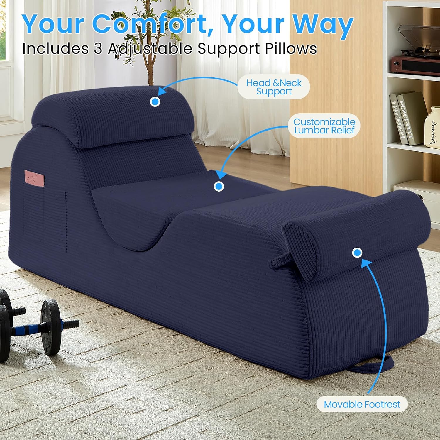 ijuicy 25' Wide Ergonomic Yoga Chair, Stretch Yoga Chaise Lounger with Adjustable Headrest, Waist Cushion, Movable Footrest, Side Pockets, Modern Reading Chair -Blue