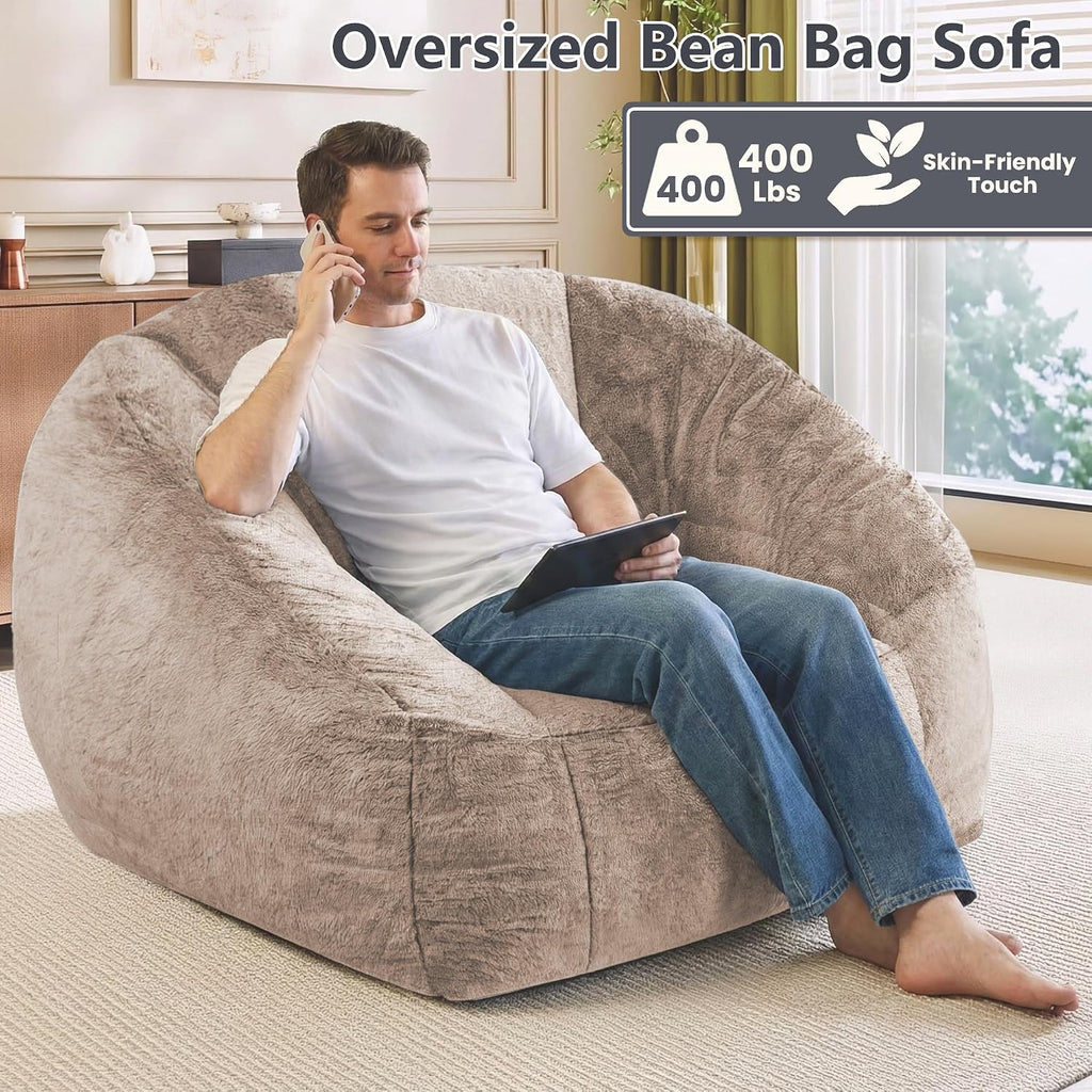 Bean Bag Chairs for Adults, Giant Beanbag Sofa Comfy Reading Chair, Oversized Bean Bag Chairs for Living Room Bedroom, Soft Faux Fur Fabric, 3.2FT, Khaki, Plush