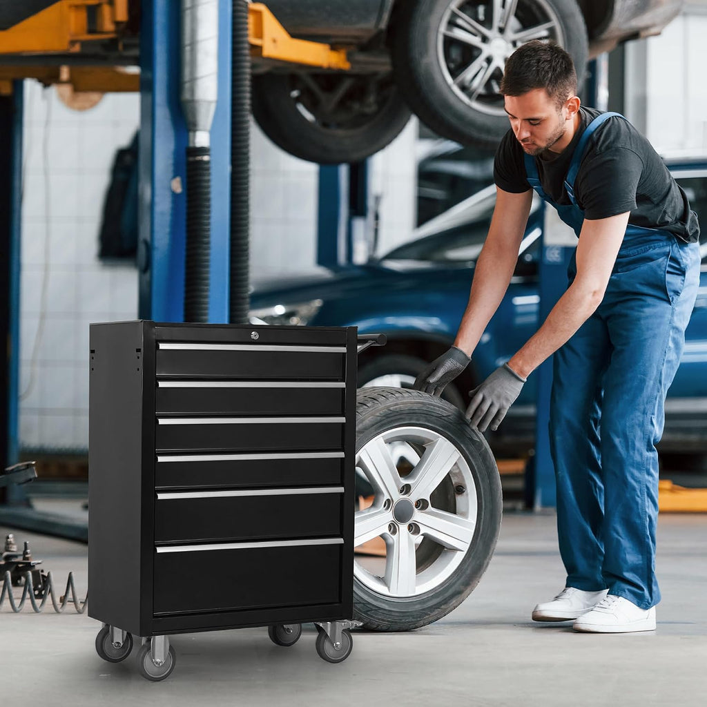 CubisVeta Tool Chest Cabinet, Large Capacity Metal Tool Box with Wheels and Cylinder Locking, Roll Around Storage Organizer Tool Cart for Garage, Redtool cabinets on Wheels (Black, 6-Drawer-Wheel)