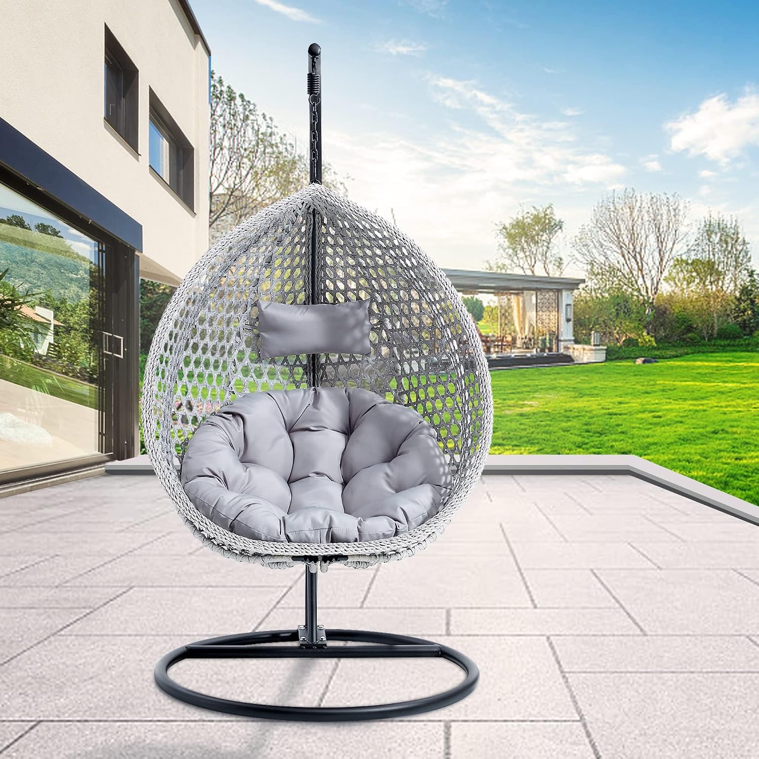 Egg Swing Chair with Stand,Grey Hanging Egg Chair with Stand, Rattan Swing Egg with Soft Cushion, Outdoor Hanging with Foldable Basket & Metal Stand for Bedroom Patio (Gray)