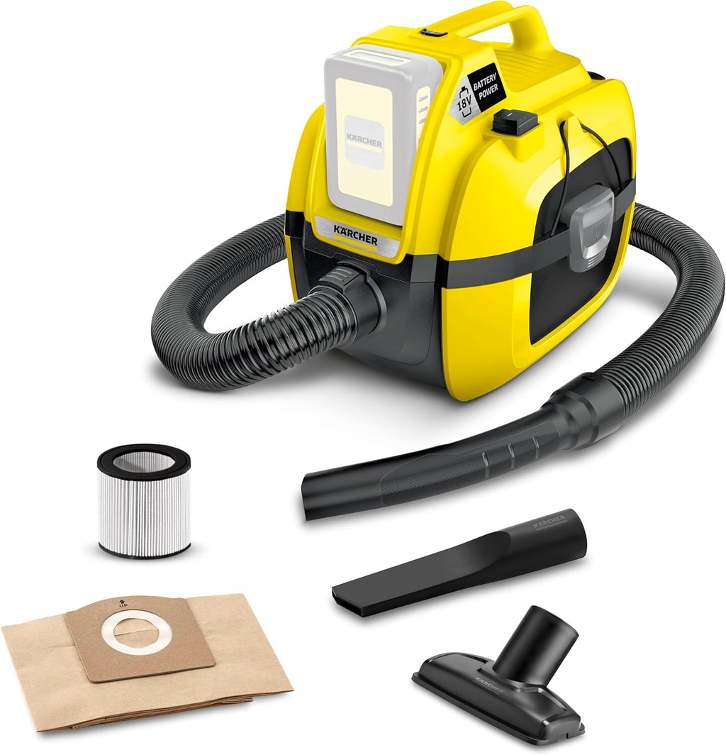 Kärcher WD 1 Compact Battery Powered Wet Dry Shop Vacuum Cleaner Ideal for Car Cleaning with Attachments, Multi Purpose – Blower Feature, Compact Space-Saving Design, Portable (Tool Only)