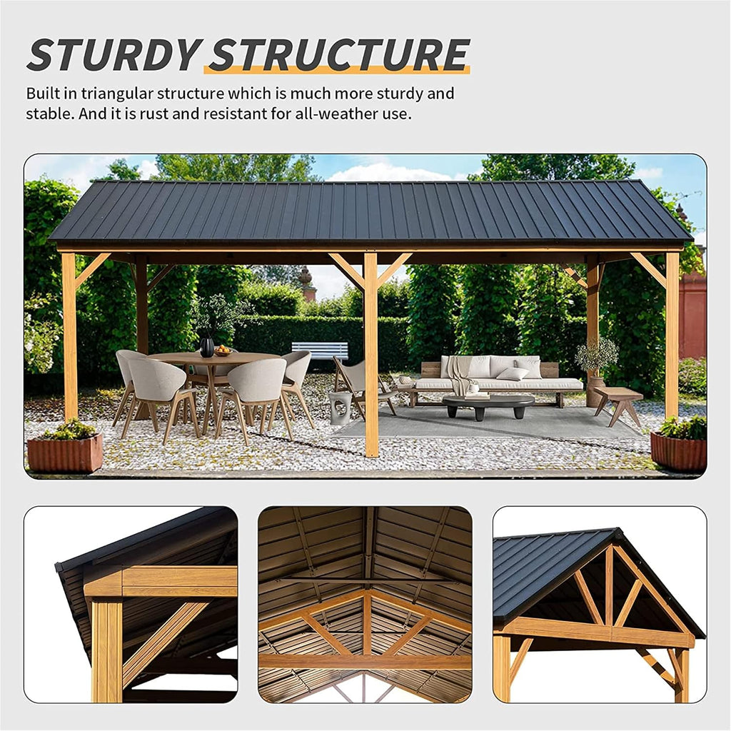 12x20ft Hardtop Gazebo, Galvanized Steel Roof Gazebo Pergola with Wood Grain Aluminum Frame, Outdoor Permanent Gazebo Pavilion for Patio, G(Yellow Brown)