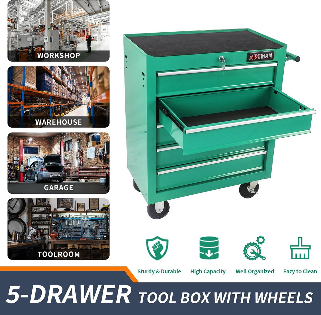 Larmliss 5 Drawers Rolling Tool Box，Tool Chest on Wheels, Lockable Tool Storage Cabinet Organizer Cabinet for Garage, Warehouse, Repair Shop, Workshop