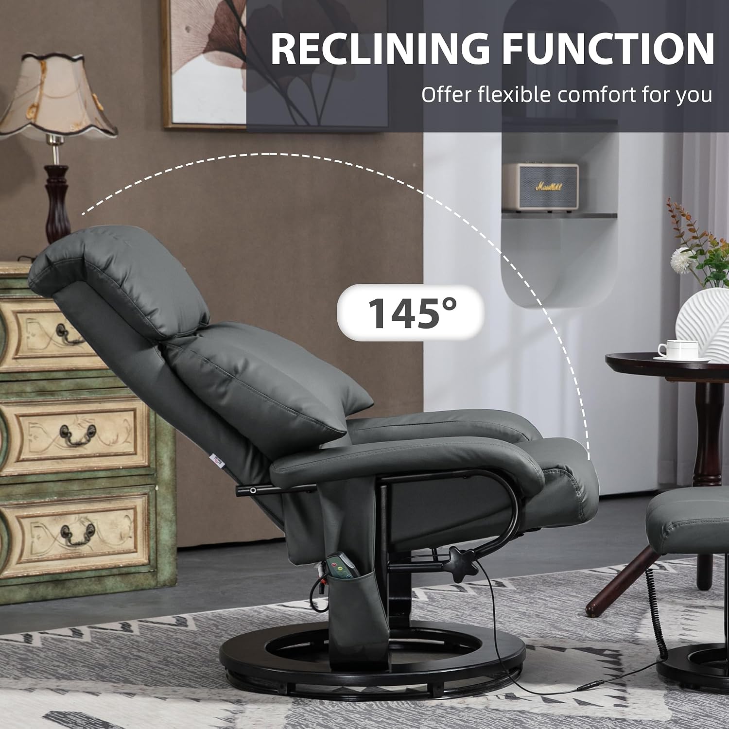 HOMCOM Massage Recliner Chair with Ottoman, 360° Swivel Recliner and Footstool, 10 Point Vibration, PU Leather Reclining Chair with Side Pocket and Remote Control, Gray