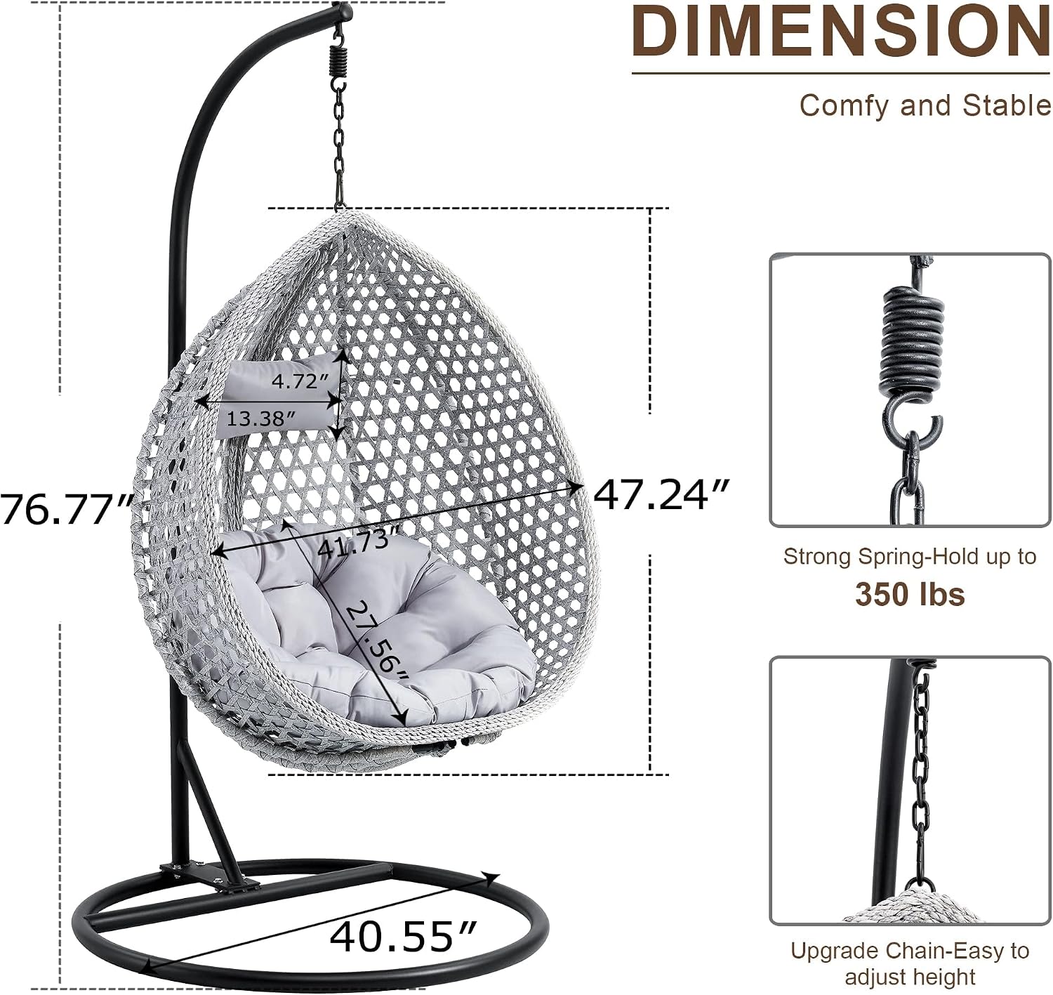 Egg Swing Chair with Stand,Grey Hanging Egg Chair with Stand, Rattan Swing Egg with Soft Cushion, Outdoor Hanging with Foldable Basket & Metal Stand for Bedroom Patio (Gray)