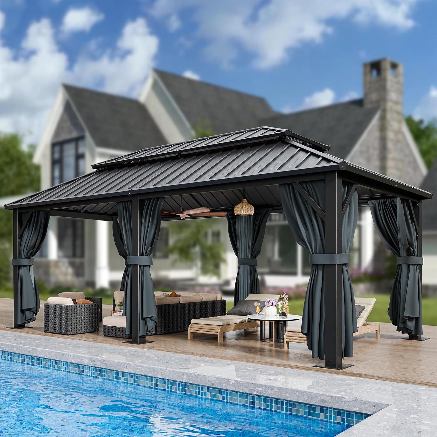 HOTEEL 12x20 Hardtop Gazebo with Metal Roof, Heavy Duty Galvanized Steel Gazebo, Reinforced Square Column, Flame-Resistant Curtains and Netting, Suitable for All-Weather,Black(Pro)