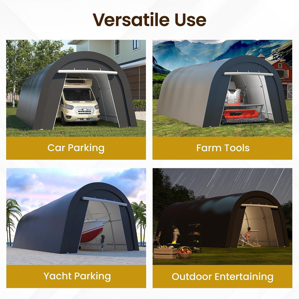 FansaFurn Carport, 12'x25' Outdoor Round Portable Garage with 2 Roll up Doors, Heavy Duty Storage Shelter Car Canopy Party Tent, Dark Gray