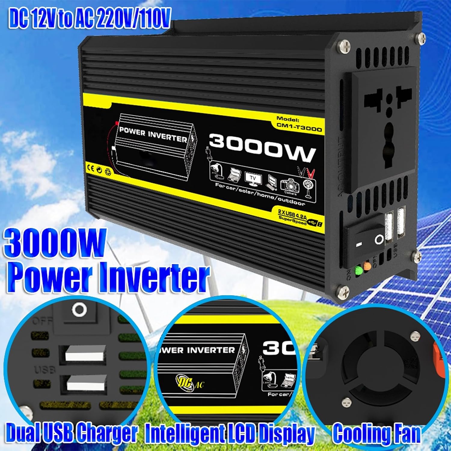 3000W Solar System Kit - 12V to 110V/220V Inverter, Complete Solar Generator with 75W Folding Panel & 50A Controller for Home/Grid Use, Efficient Photovoltaic Power Solution (Black)