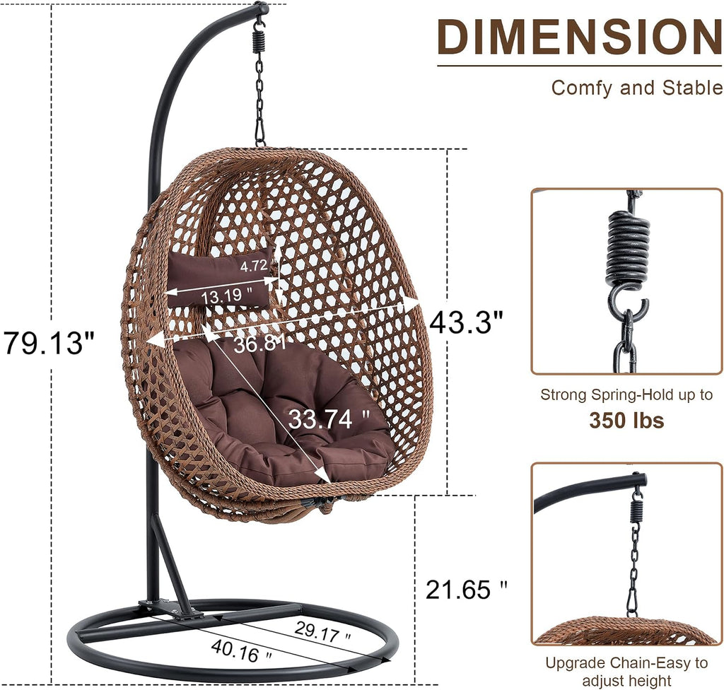 Swining Egg Chair with Stand,Wicker Rattan Hanging Egg Chairs, Patio Swing with UV Resistant Cushion, Outdoor Indoor Hanging with Foldable Basket & Metal Stand for Bedroom (Brown-S)