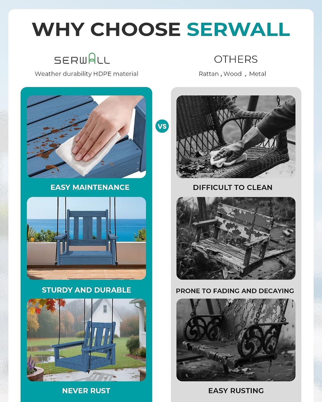SERWALL HDPE Single Porch Swing, Heavy Duty Single Person Swing Chair with 2 Polypropylene Hanging Ropes, Adirondack Hanging Chair for Outdoor Front Porch Patio Garden Yard, Blue