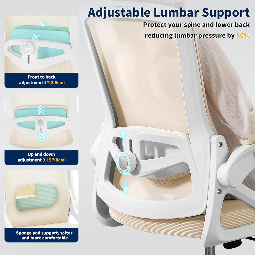 Ergonomic Office Chair, Desk Chair with Adjustable Lumbar Support, Breathable Mesh Comfy Computer Chairs with Flip-up Armrests Executive Task Chair for Adults Home Office (Buff Beige)