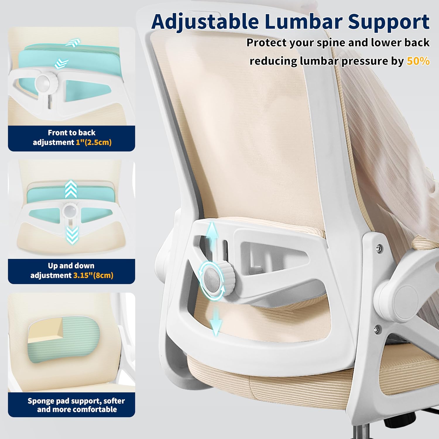 Ergonomic Office Chair, Desk Chair with Adjustable Lumbar Support, Breathable Mesh Comfy Computer Chairs with Flip-up Armrests Executive Task Chair for Adults Home Office (Buff Beige)