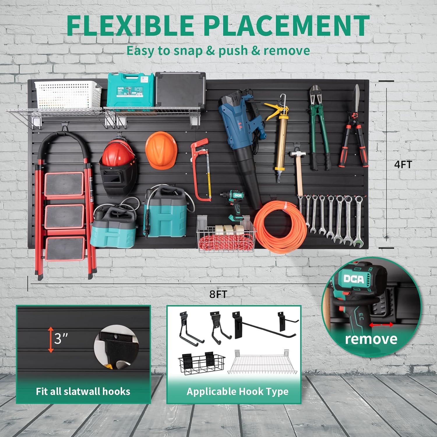 FRAYSCENT Slat Wall Paneling Garage Slat Wall Storage Systems Slatwall Panels Power Tool Organizer Wall Mount, PVC Garage Storage & Organization Products Slate Board (Black, 4ft x 8ft with 26 Hooks)