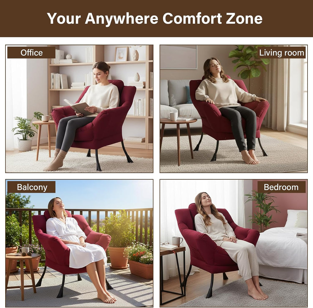 Welnow Lazy Chair for Living Room, Modern Reading Accent Chair with Armrests and a Side Pocket, Leisure Upholstered Lazy Sofa for Small Space, Bedroom, Dorm, Burgundy