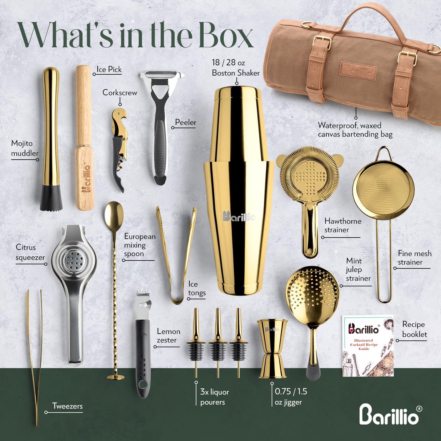 Barillio Bartender Kit Bag with Gold Cocktail Shaker Set - Waxed Canvas, Traveling Bar Tools Bag with 17-Pc Cocktail Kit - Travel Mixology Bartending Kits - Mobile Bar Roll with Strap & Accessories