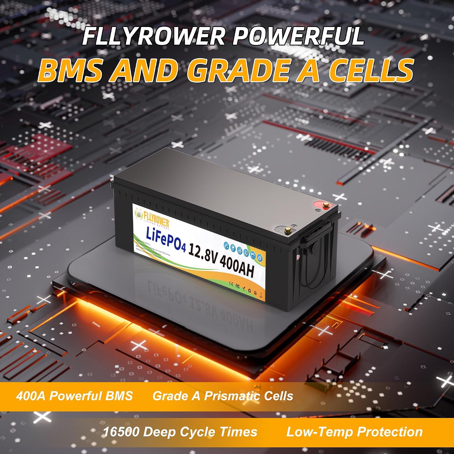 FLLYROWER 12V Lithium Battery 400AH with BMS and 16500 Deep Cycles 12V 400AH Lifepo4 Battery Grade A Cells for Marine Trolling Motor RV Camping Solar Golf Cart Off-Grid
