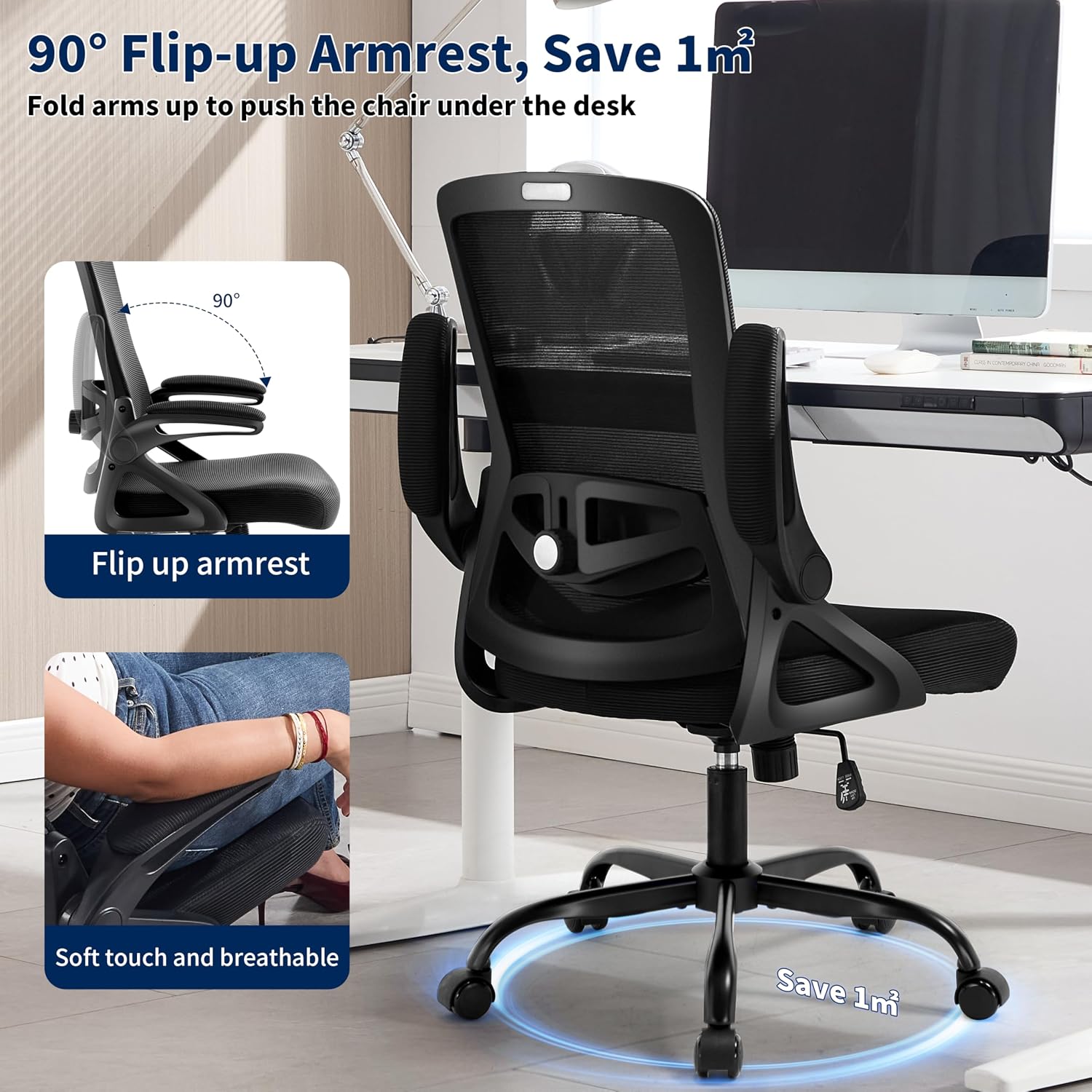 Ergonomic Office Chair, Desk Chair with Adjustable Lumbar Support, Breathable Mesh Comfy Computer Chairs with Flip-up Armrests Executive Task Chair for Adults Home Office (4Pcs)