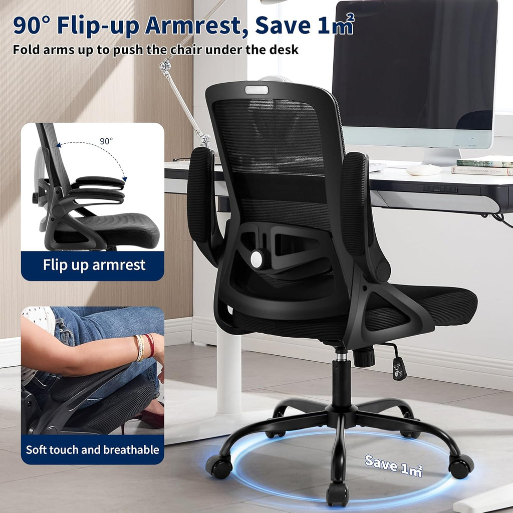 Ergonomic Office Chair, Desk Chair with Adjustable Lumbar Support, Breathable Mesh Comfy Computer Chairs with Flip-up Armrests Executive Task Chair for Adults Home Office(Black)
