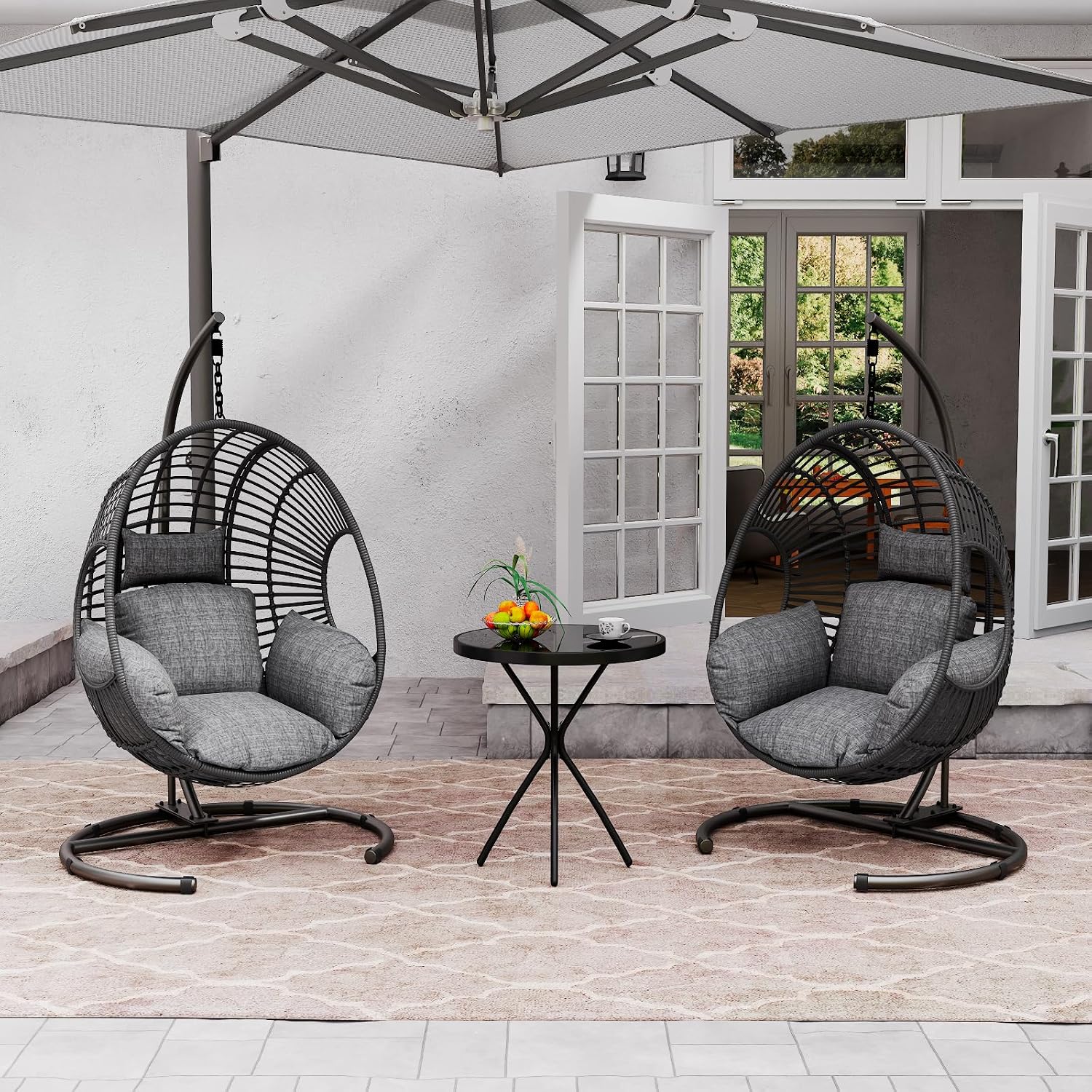 Hanging Egg Chair with Stand - Egg Swing Chair Outdoor Indoor Patio Wicker Chair Swing Hammock Egg Chairs 400lbs Capacity for Outside Patio, Bedroom, Garden and Balcony (Black-Regular, 2P)