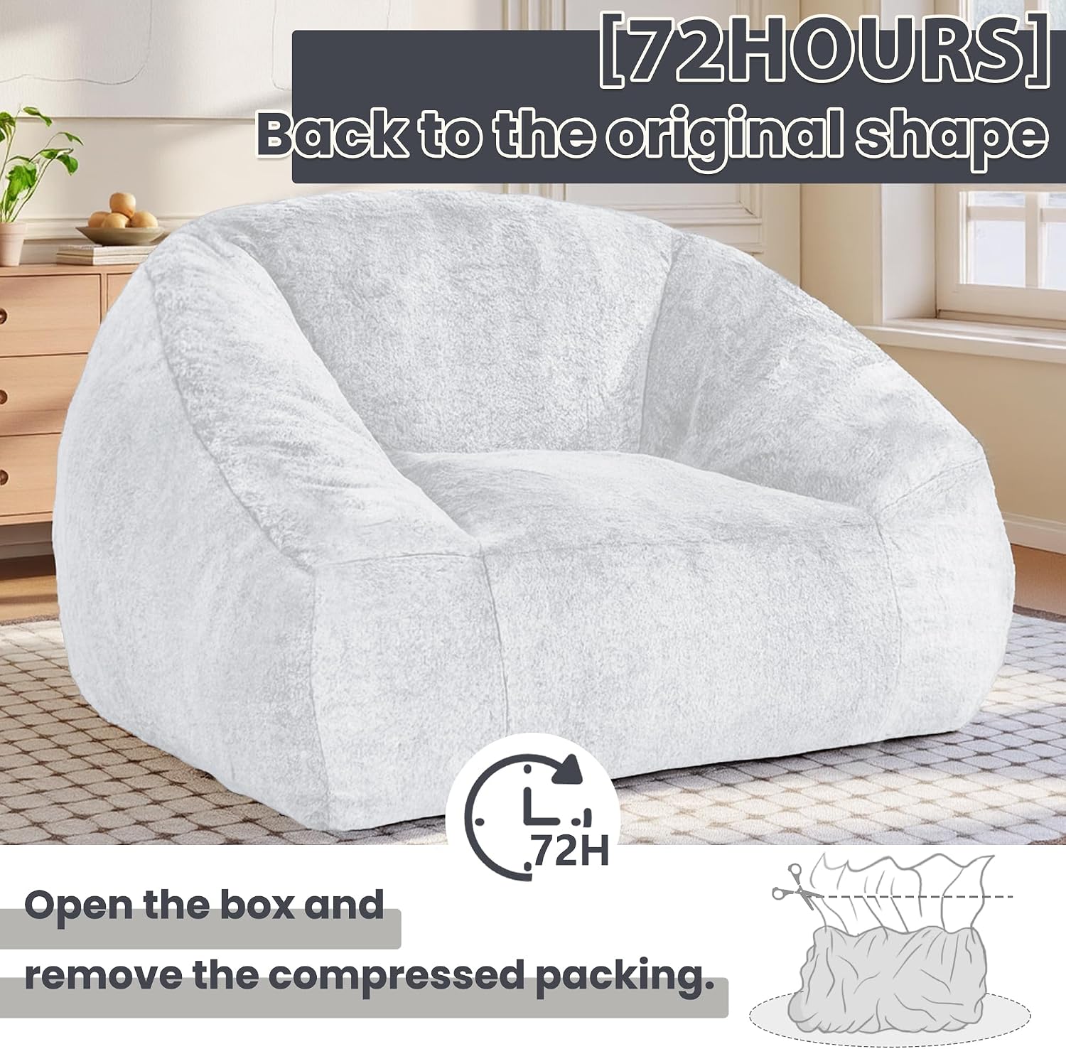 Bean Bag Chairs for Adults, Giant Beanbag Sofa Comfy Reading Chair, Oversized Bean Bag Chairs for Living Room Bedroom, Soft Faux Fur Fabric, 3.2FT, Light Grey, Plush