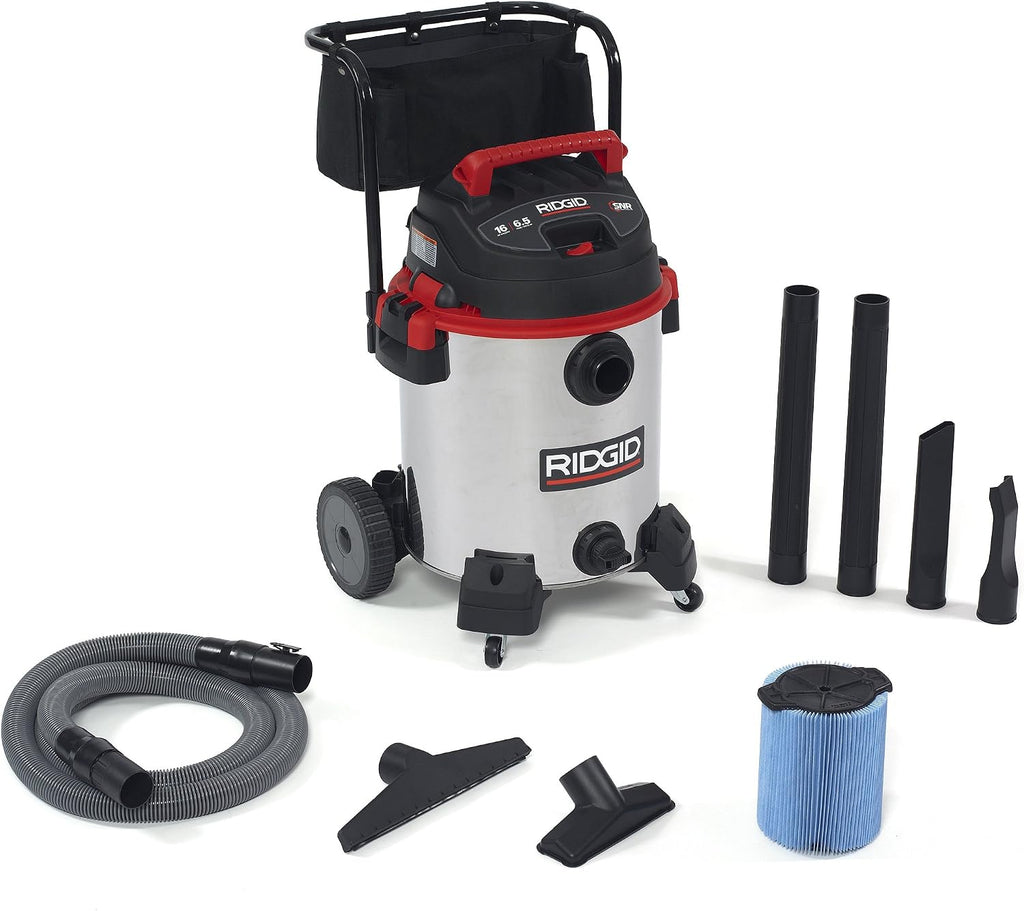 RIDGID 50353 1610RV Stainless Steel 16-Gal. Wet Dry Shop Vacuum with Cart, 6.5 Peak HP Motor, Large Wheels, Pro Hose, Drain, and Blower Port, Red