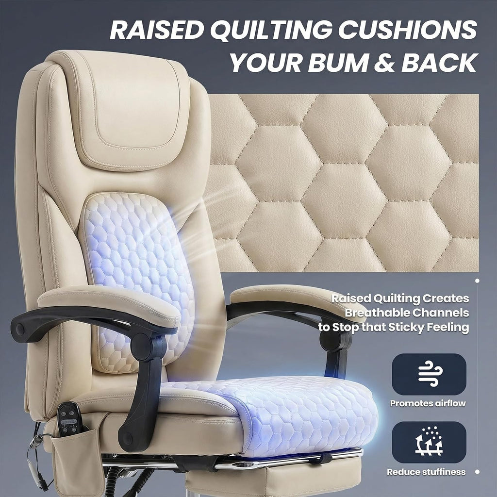 MALOL Massage Office Chair with Heat and Footrest - 3-Level 65°C Targeted Heating, 20-Min Easy Assembly Leather Desk Chair, Big and Tall Executive Computer Chair with Side Pocket, 300 lbs, Beige