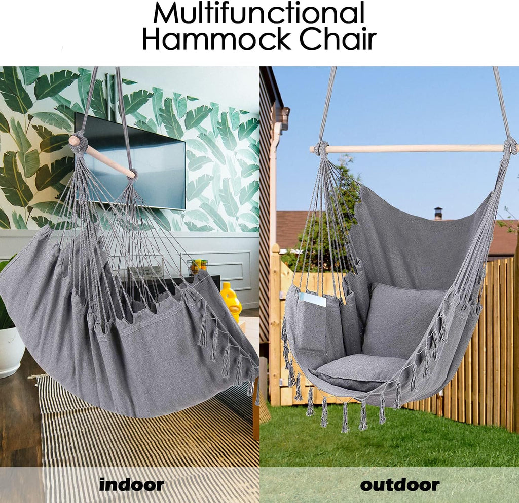 ZLX Hammock Chair Hanging Rope Swing with Hardware Kit and 2 Cushions, Handmade Macrame Hanging Chair for Bedroom Patio Yard Garden, Max 330 Lbs, Grey