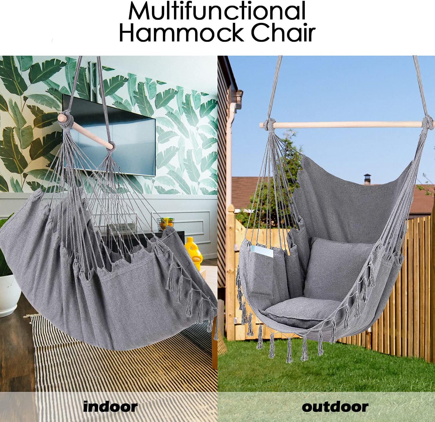 ZLX Hammock Chair Hanging Rope Swing with Hardware Kit and 2 Cushions, Handmade Macrame Hanging Chair for Bedroom Patio Yard Garden, Max 330 Lbs, Grey