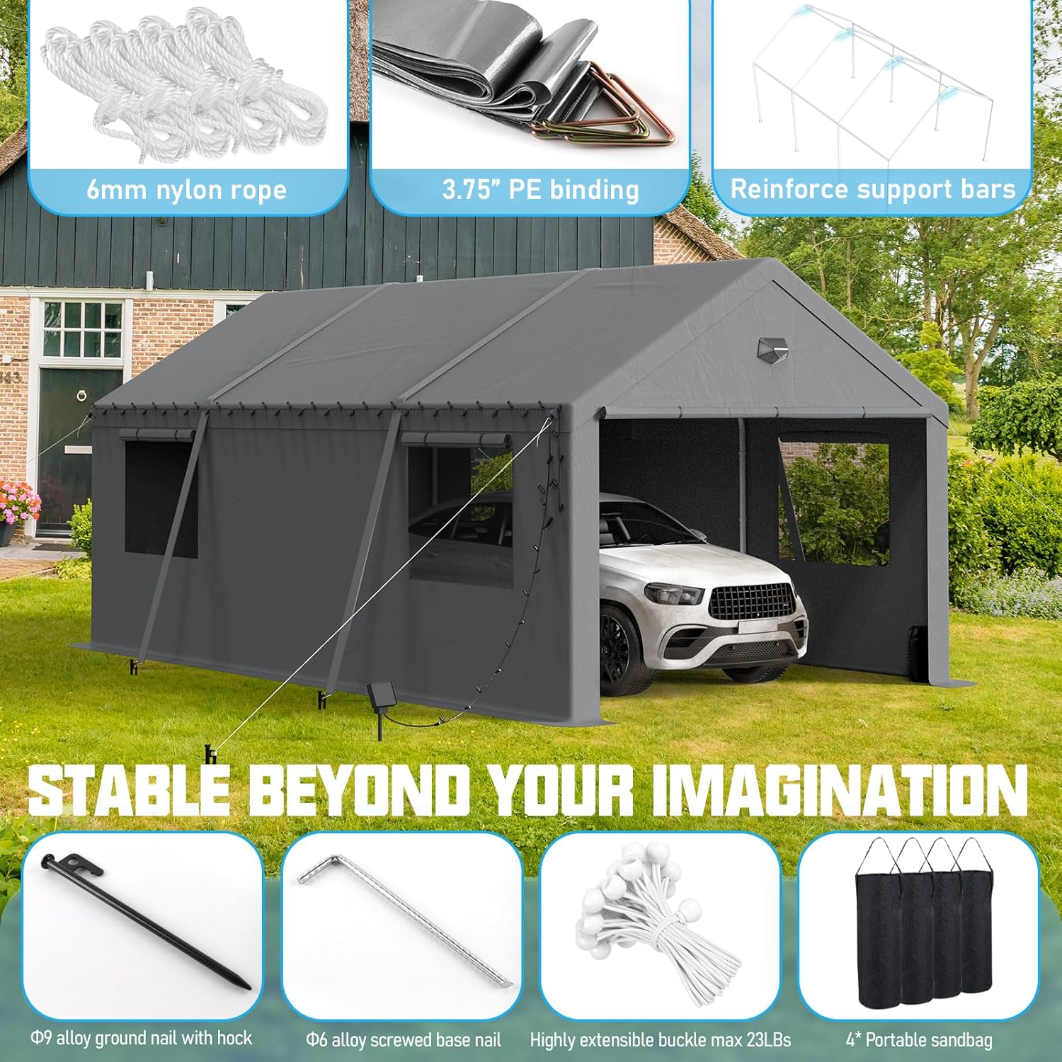 Carports Canopy Heavy Duty, Portable Garage with Sidewalls (12x20, Grey)