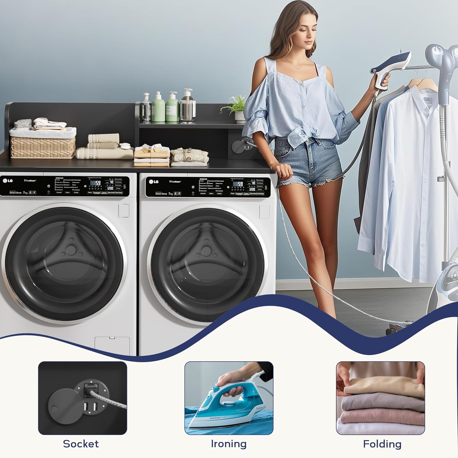 DTK Washer Dryer Countertop with Charging Station, 2 Tier Laundry Countertop with Anti-Slip Strips, 27.55' Depth x 54' Width, Wood Dryer Cover with Shelf, Black
