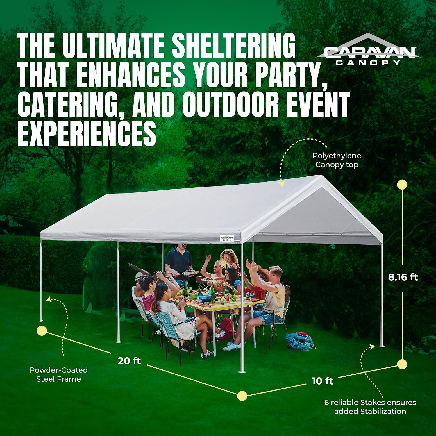 Caravan Canopy Powder Coated Heavy Duty Steel Frame Pop Up Carport with 6 Steel Stakes for Outdoor Activities and Events, White