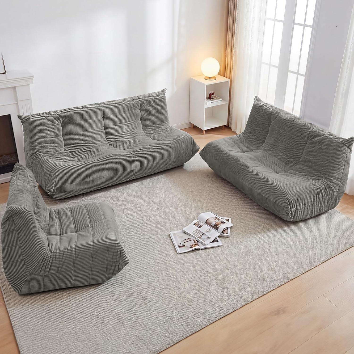Bean Bag Chair,Giant Beanbag Chairs for Adults,Comfy Large Fireside Chair Lazy Sofa,Corduroy Bean Bag Lounger with Memory Foam Filled,Floor Sofa Couch for Living Room (Light Grey, Loveseat)