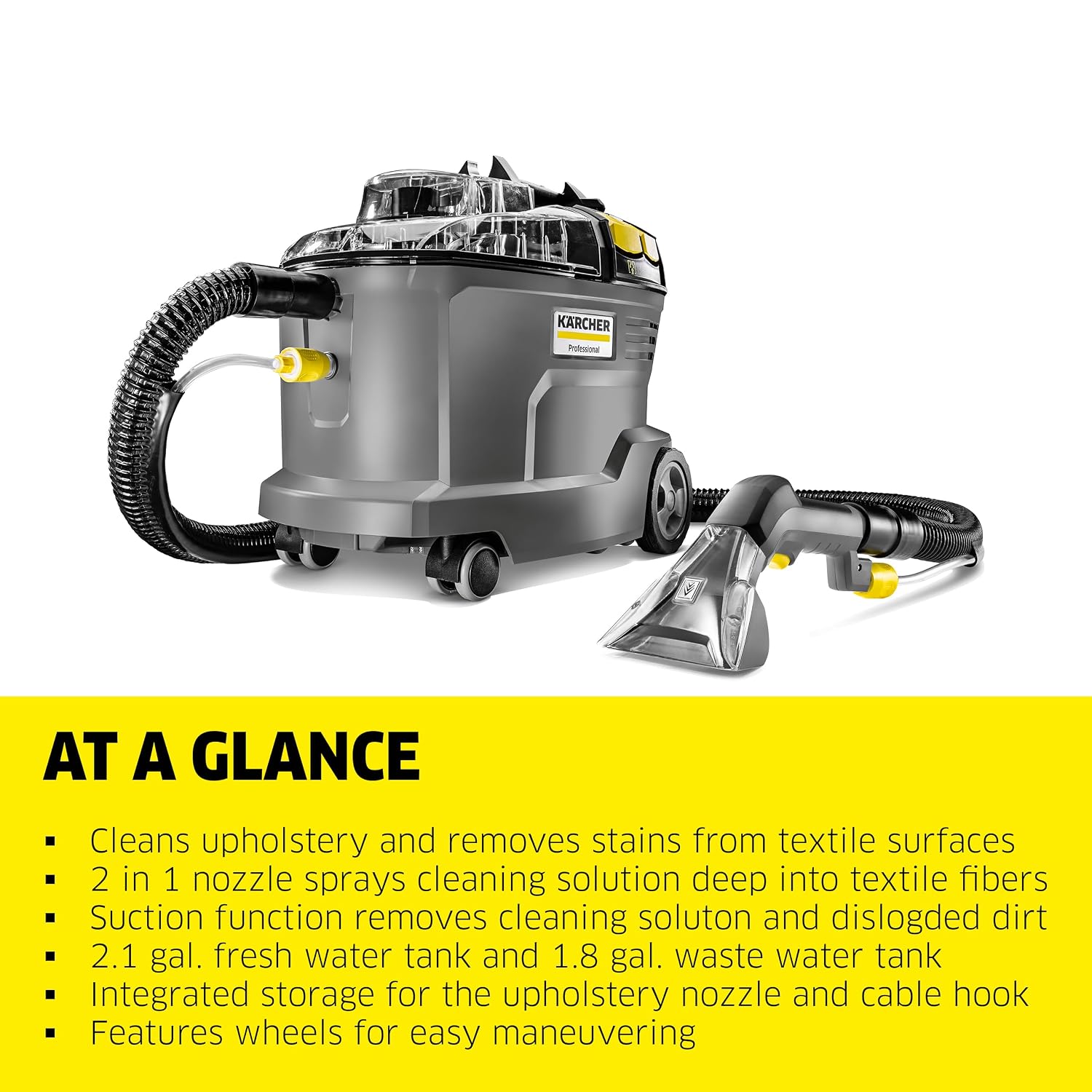 Kärcher Puzzi 8/1 C Commercial Carpet Extractor 12.5 PSI - Spot Cleaner, Stain Remover, Area Rugs, Car and Auto Detailing, Carpet and Upholstery Cleaner - Onboard Accessory Storage - 3.9 Gallon Tank